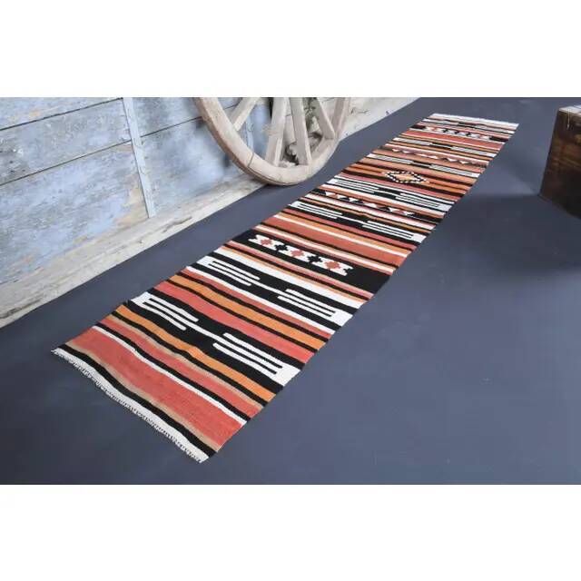 Vintage Turkish Oushak handmade wool cotton orange kilim runner rug 60x295