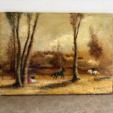 Romantic landscape with horses, oil on canvas signed R Bizet.