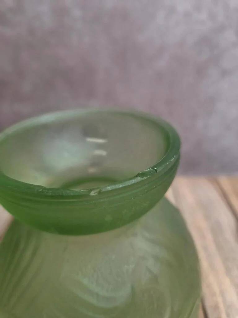 Small Art Deco round vase in moulded green pressed glass – relief decoration