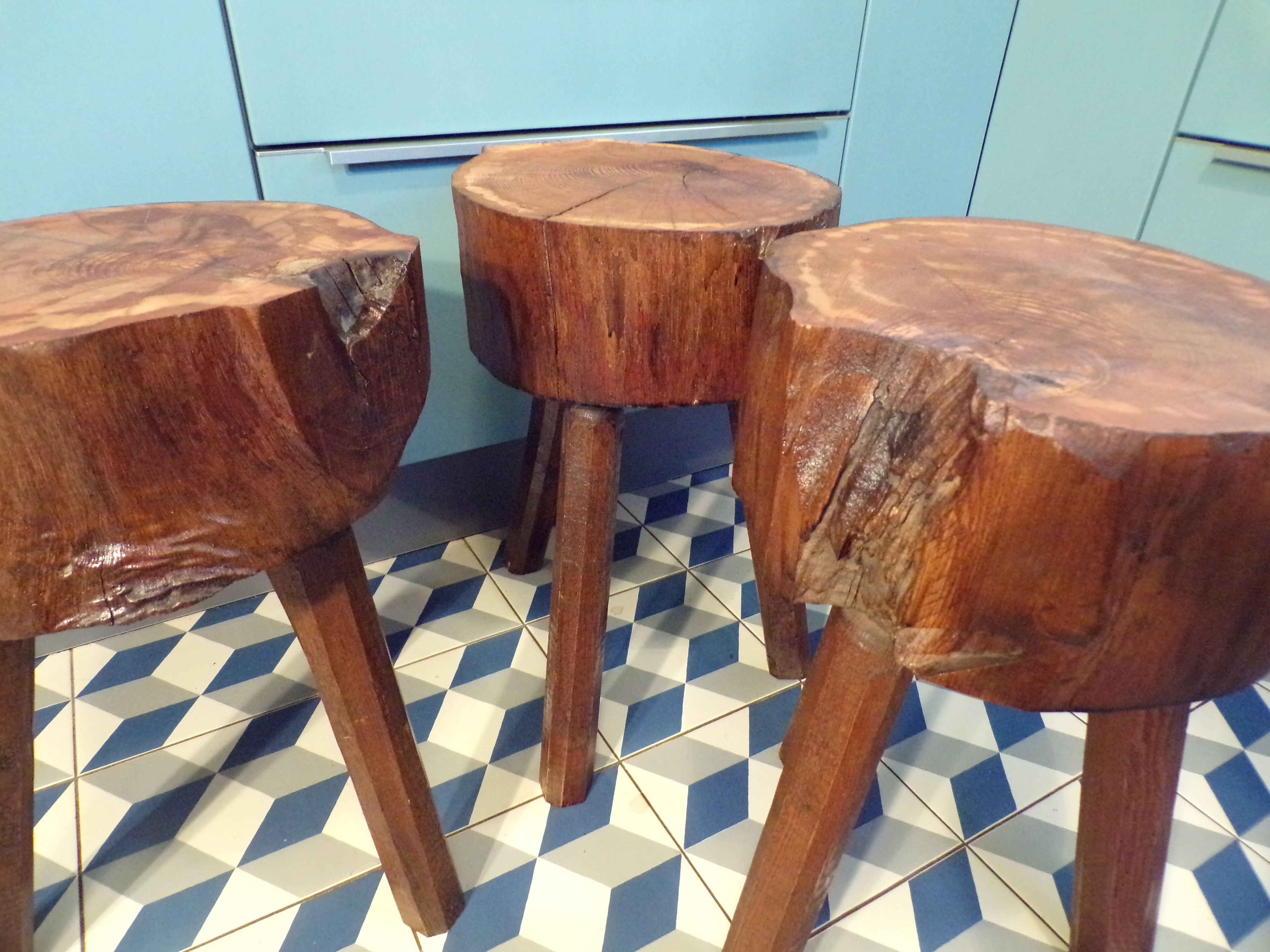 Trio of brutalist tripod stools