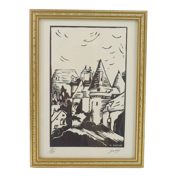 Lithographie estampe signé sueur vue de village 58/250