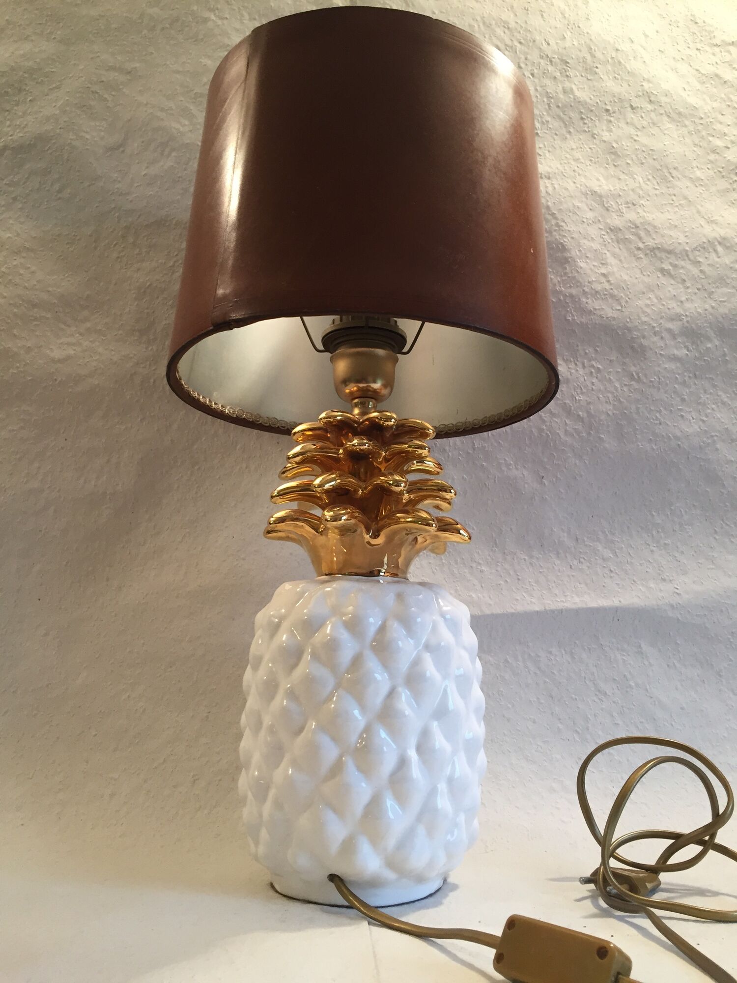 vintage pineapple lamp in ceramics shade brown leather