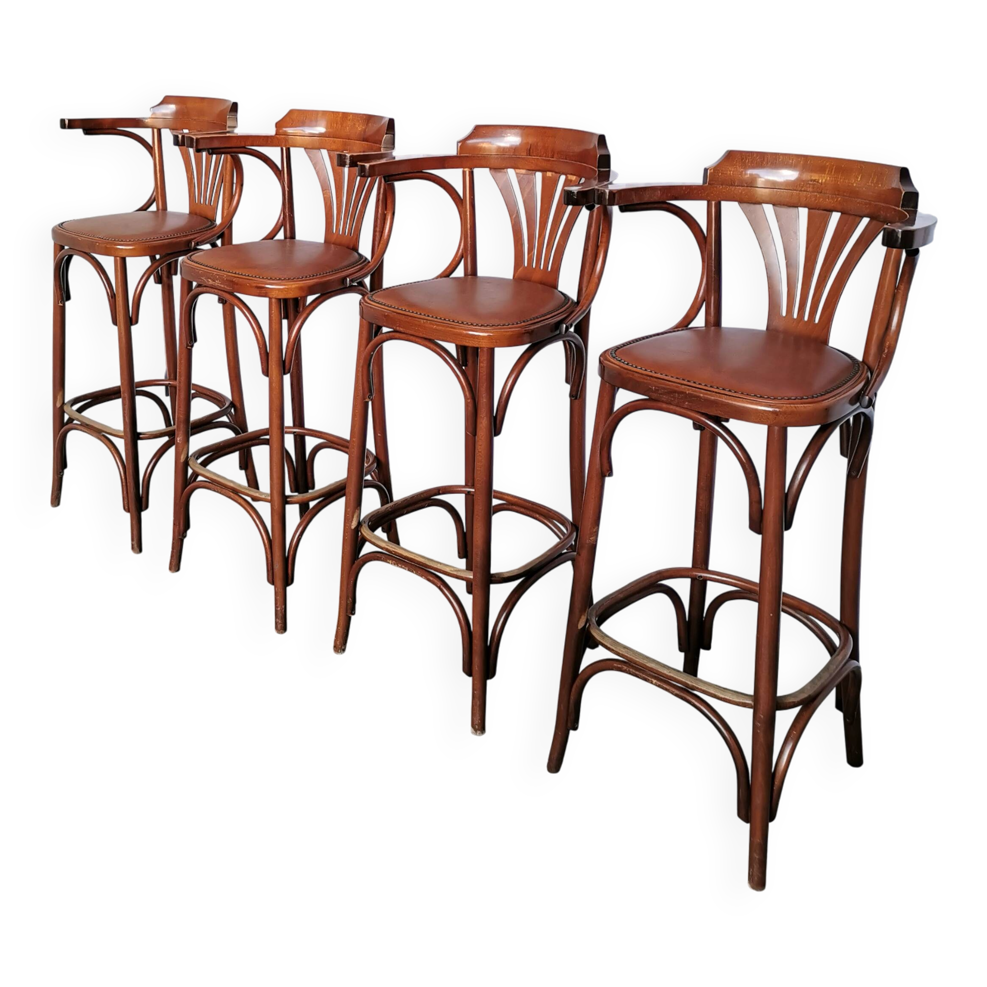 Set of 4 Vintage Bentwood Bar Stools, Brown Leather Seat, Nailhead Trim