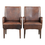 Set of 2 dining chairs / side chairs with armrests made of cowhide leather