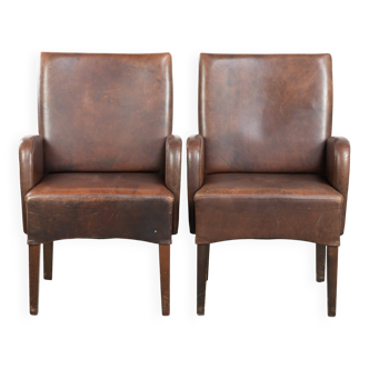 Set of 2 dining chairs / side chairs with armrests made of cowhide leather