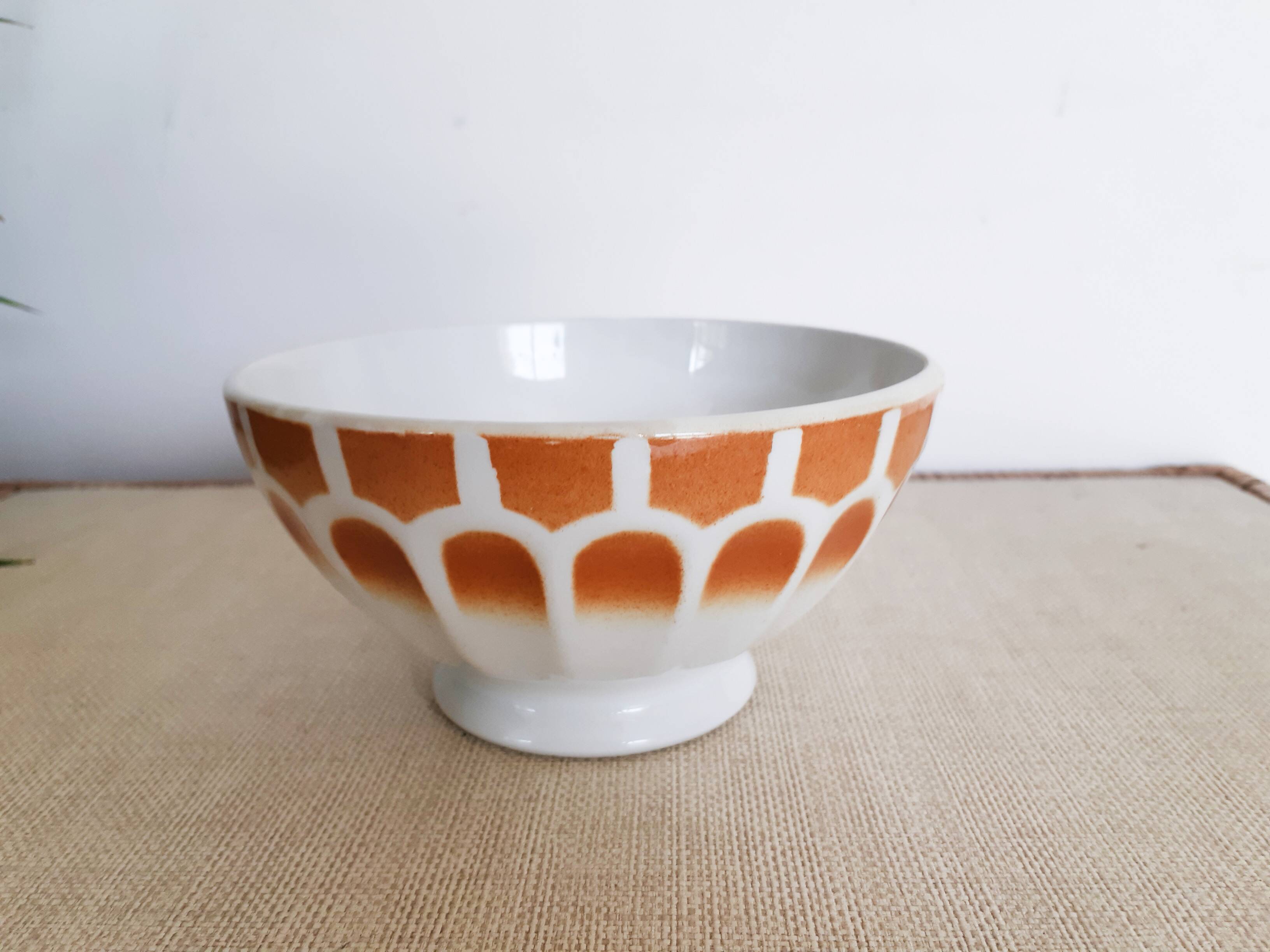 Large old bowl with piedouche in ochre yellow earthenware