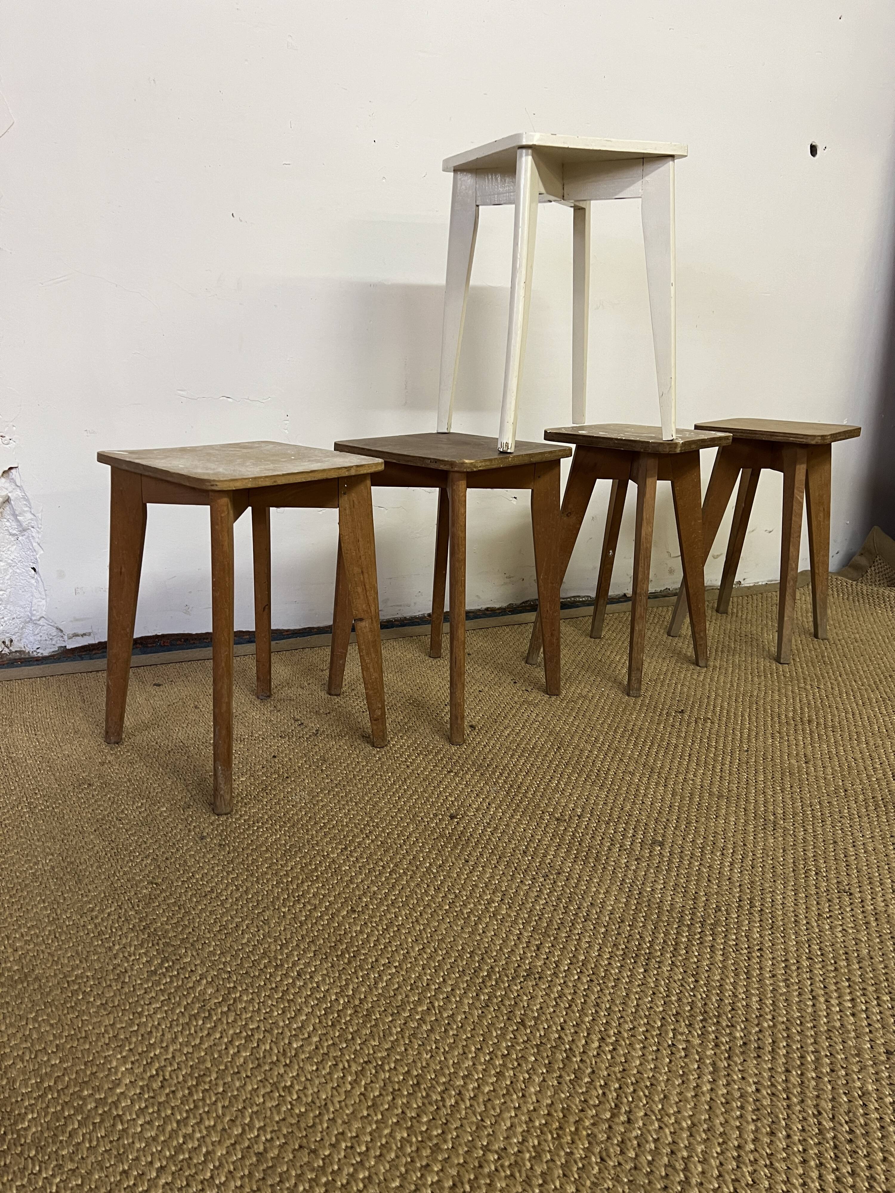 Series of 5 vintage wooden workshop stools