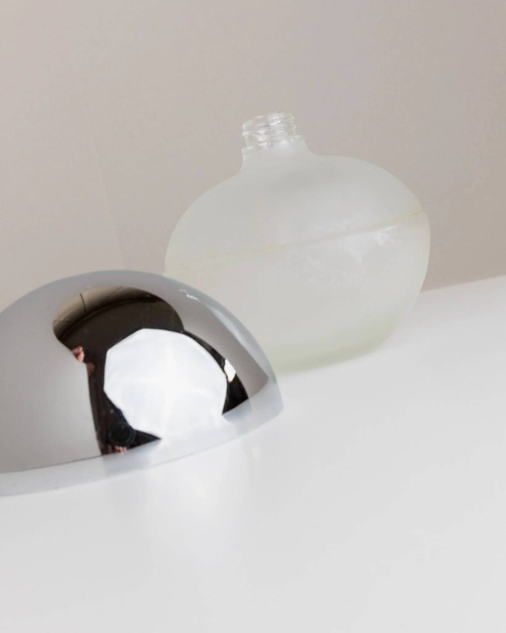 Silver chrome and frosted glass Space-Age liqueur bottle, 1980s Italy, decorative decanter