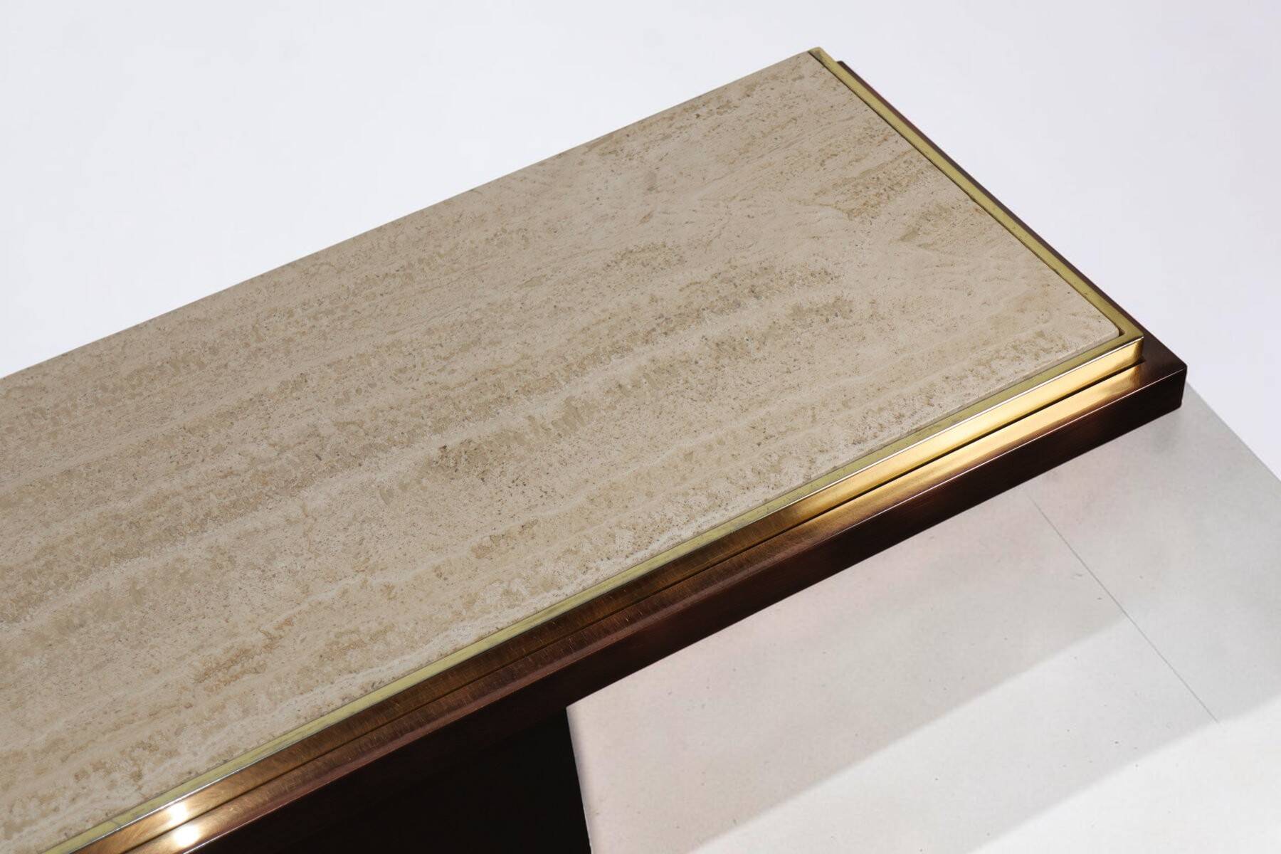 Minimalist console in travertine and patinated metal — 1970s