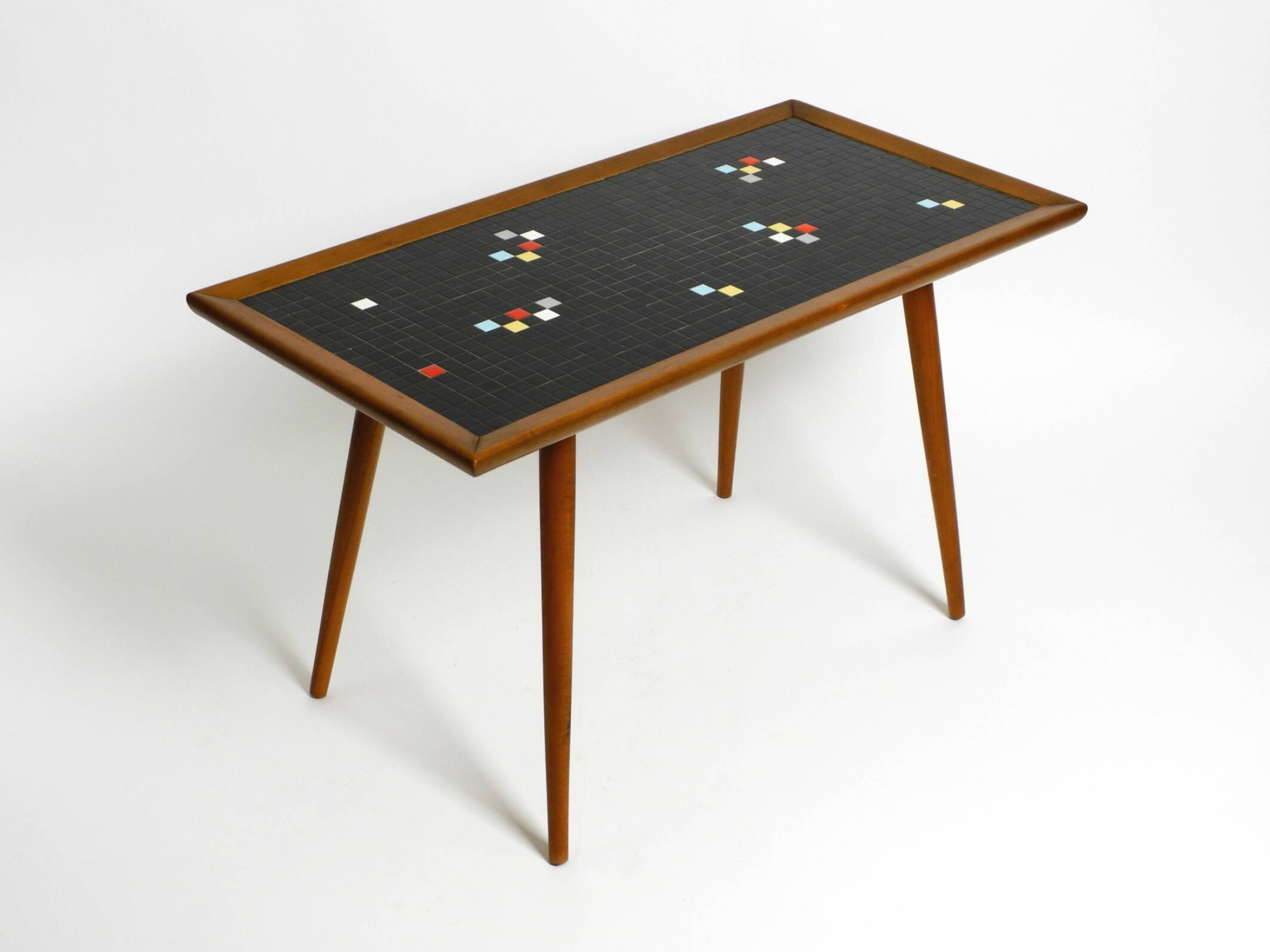 Beautiful long Mid Century walnut wood coffee table with a mosaic surface