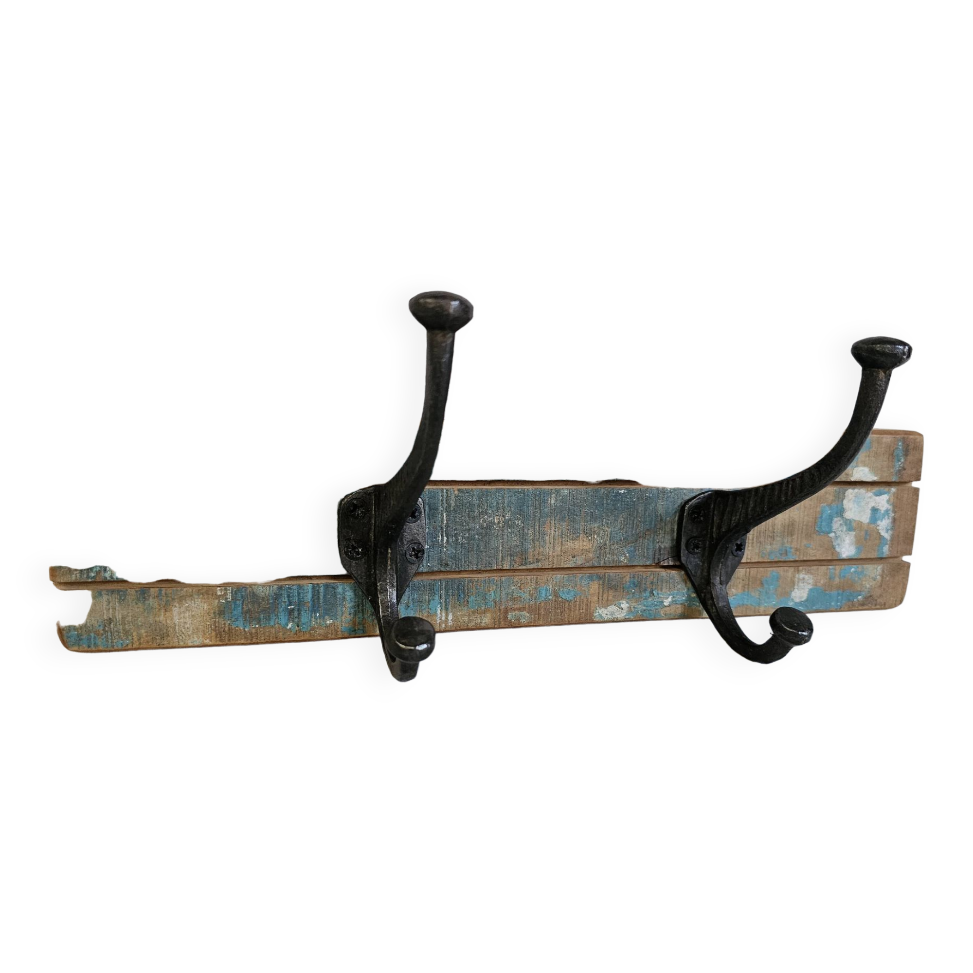 Solid teak coat hook with 2 double cast iron hooks