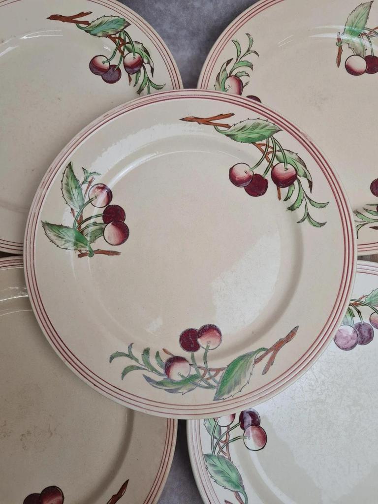 Set of 6 flat plates Boch La Louvière Belgium model 2460 with polychrome cherry decoration.