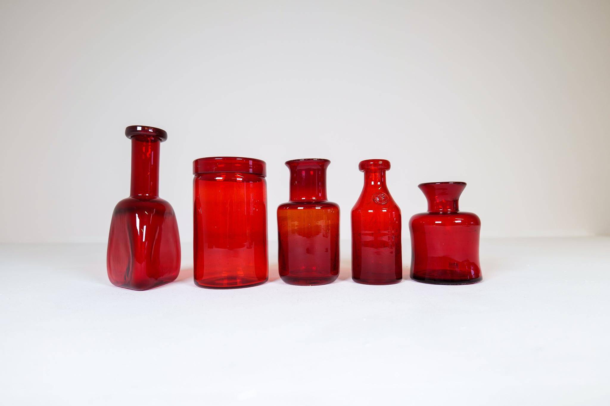 Collection of five rare red vases by Erik Hoglund, Sweden, 1960s.