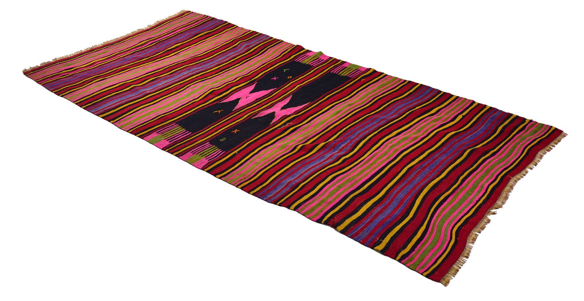Kilim Oushak vintage striped pink and brown handmade 310 x 158 cm