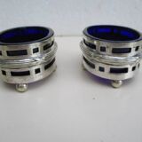 Silver metal and cobalt glass salt pots - EP St & co