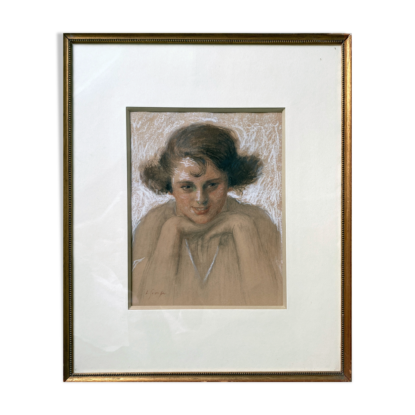 Painting drawing and flange "Young smiling woman" 30's signed L. George