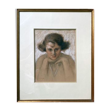 Painting drawing and flange "Young smiling woman" 30's signed L. George