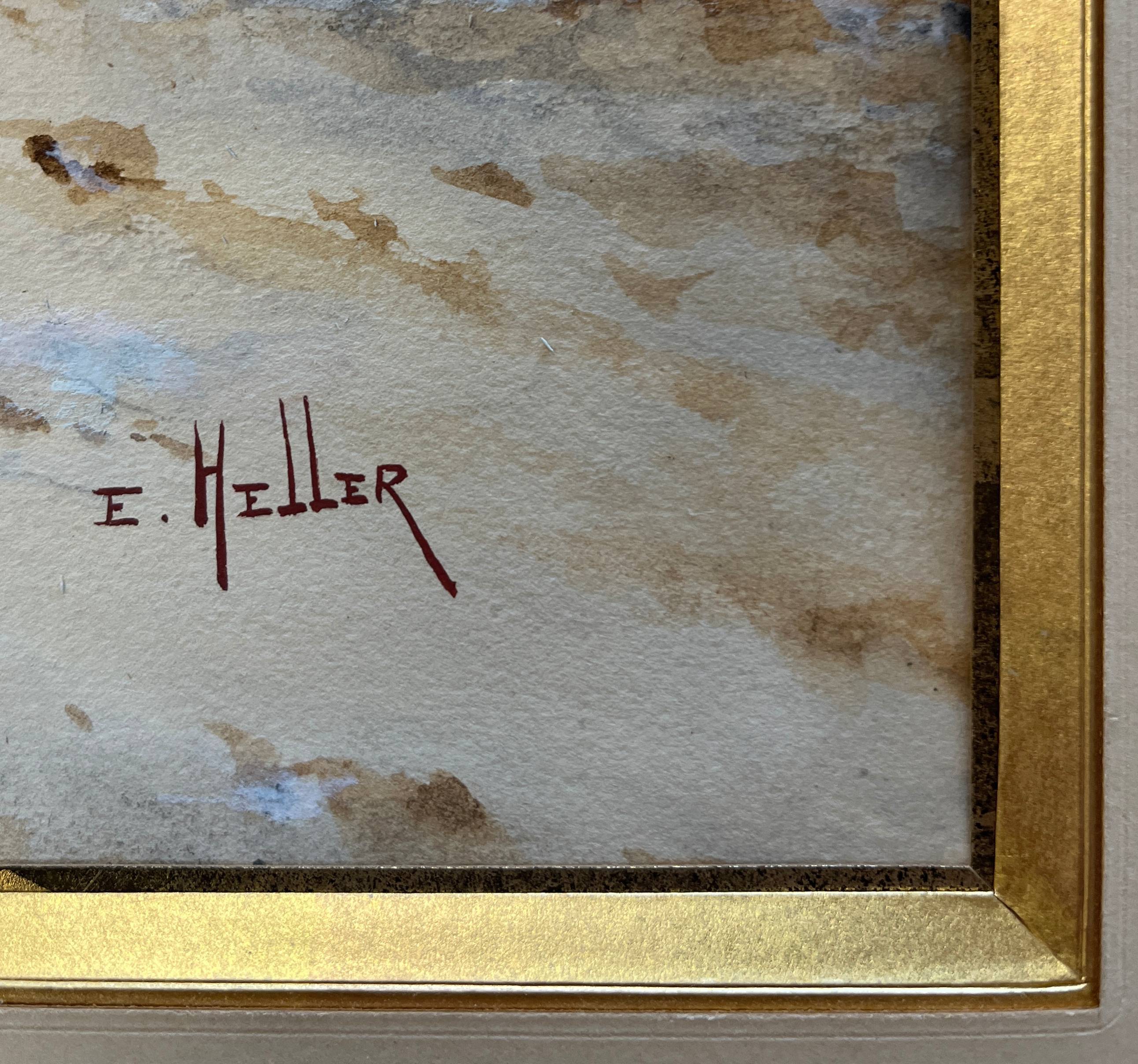 Watercolor painting by Eduard Heller (born in 1852) "Snowy Landscape"