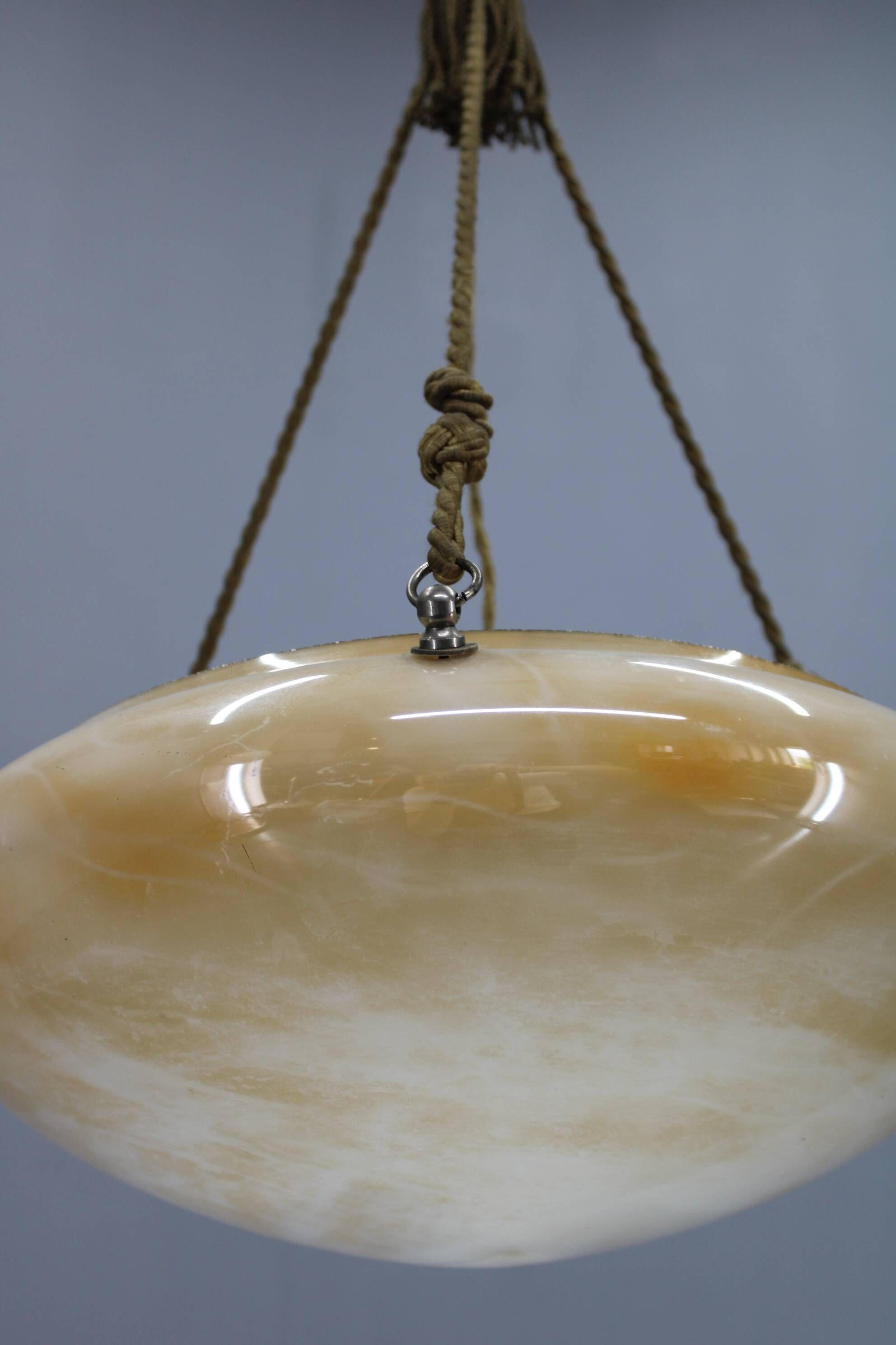 1930s European Secession–Art Deco pendant light with rope suspension and glass