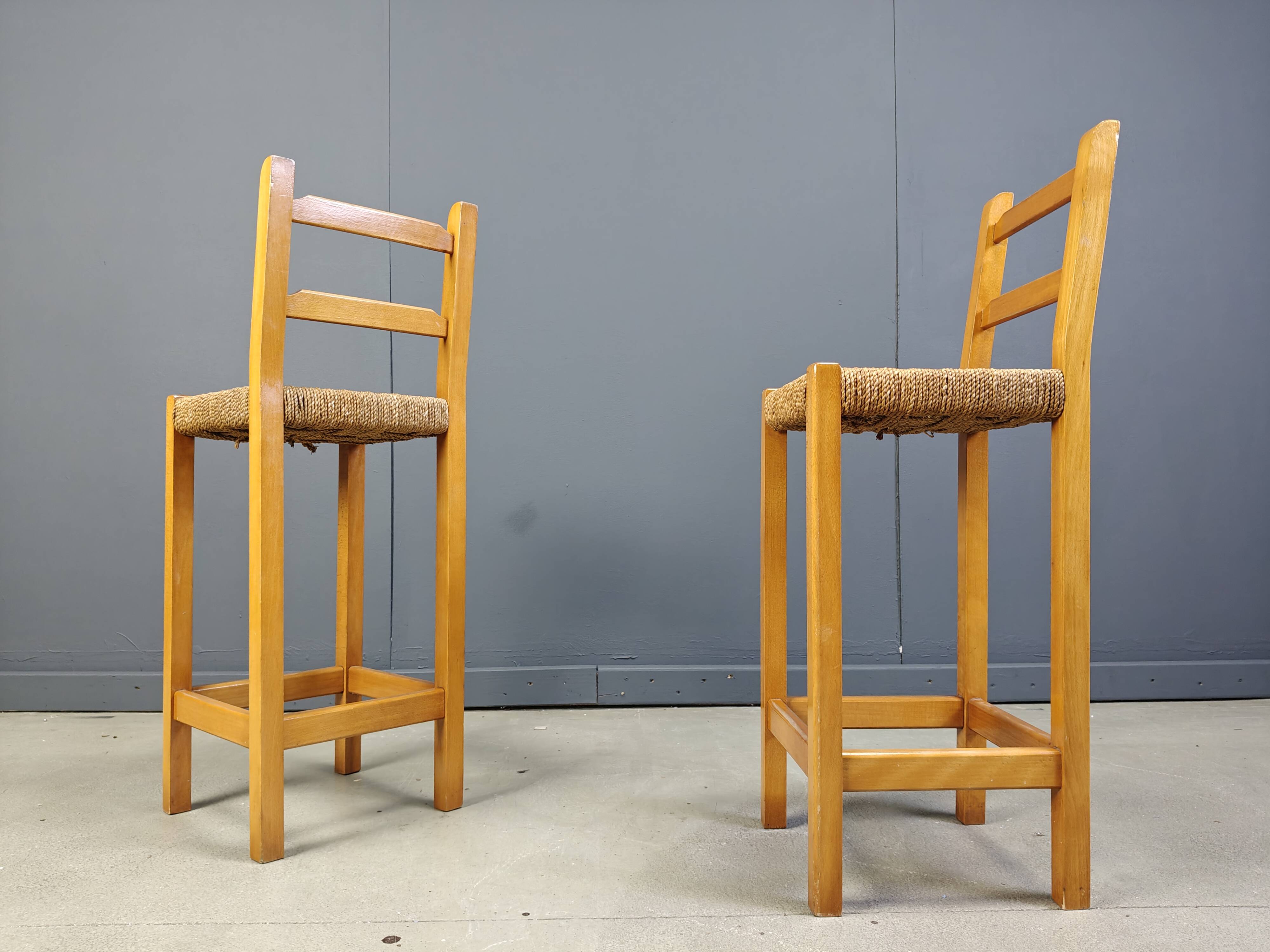 Vintage oak and papercord bar stools, 1960s