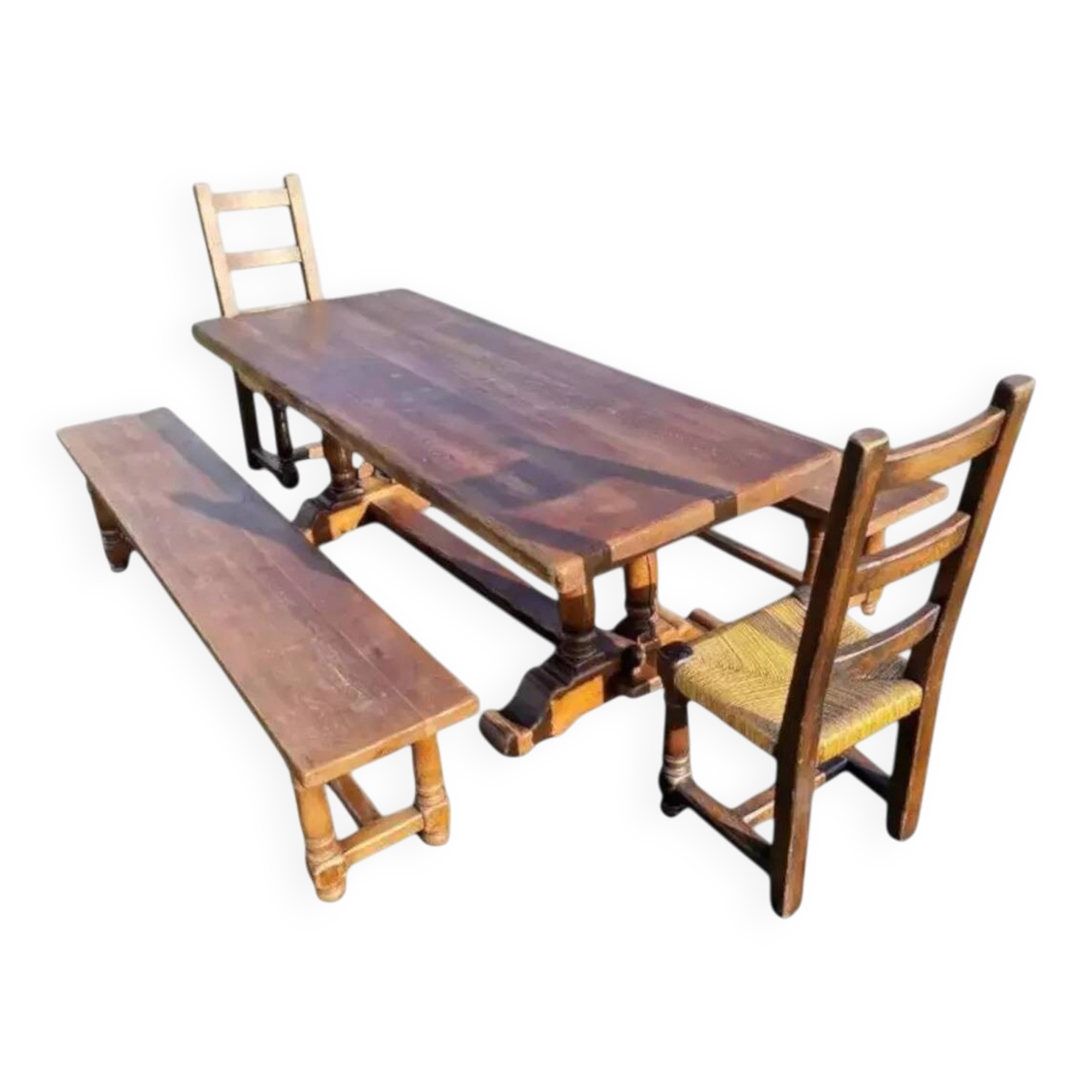 Old farmhouse dining table, 2 benches, 2 chairs