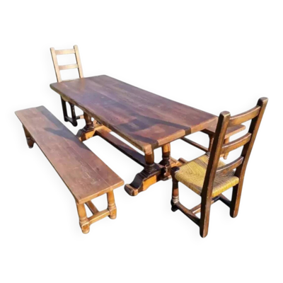 Ancienne table à manger de ferme, 2 bancs,2 chaises