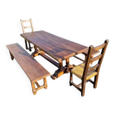 Old farmhouse dining table, 2 benches, 2 chairs