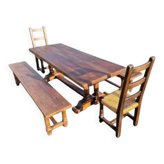 Old farmhouse dining table, 2 benches, 2 chairs
