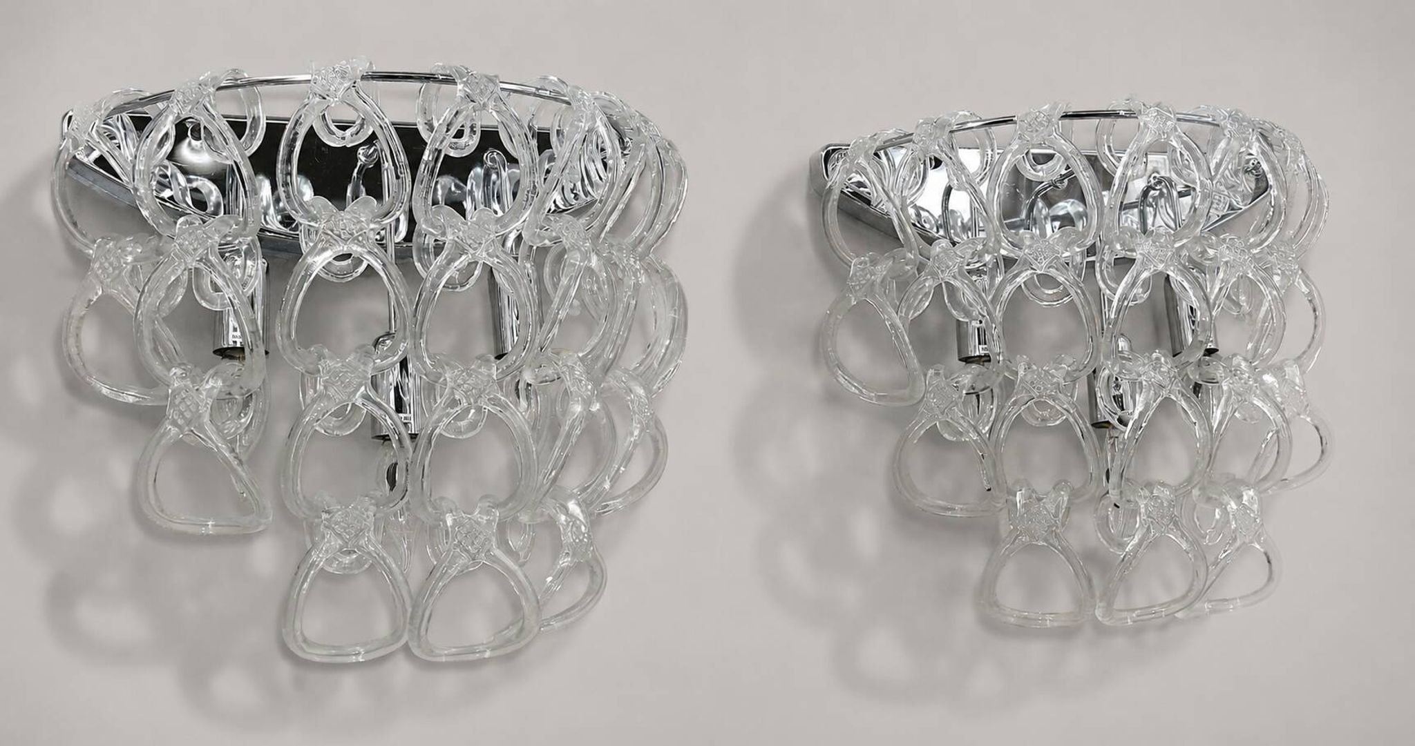 Pair of Art Deco Half-Moon Wall Lights/Hot Water Bottles in Glass & Metal Links