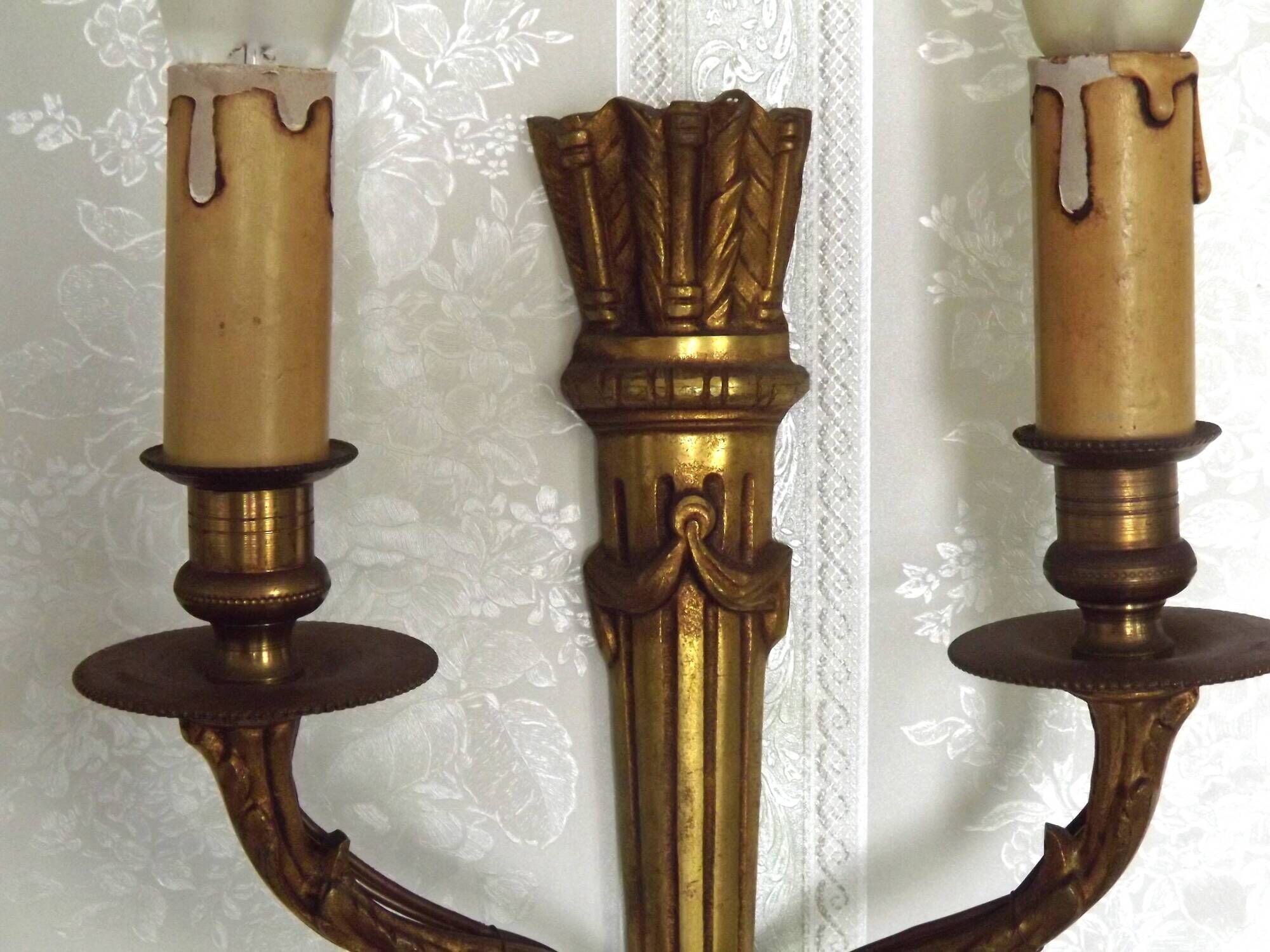 Elegant Pair French Antique Bronze Empire Arrow Style Double Wall Lights 4841