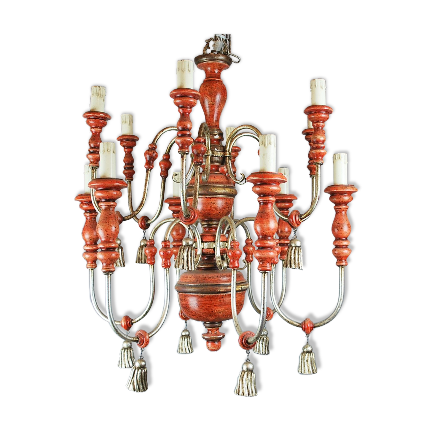 Italian chandelier in patinated wood, 50s