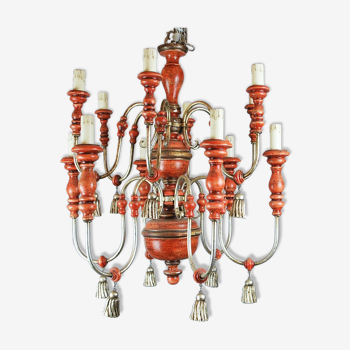 Italian chandelier in patinated wood, 50s