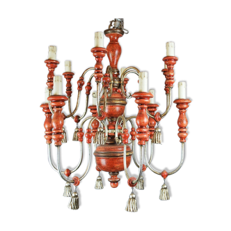 Italian chandelier in patinated wood, 50s