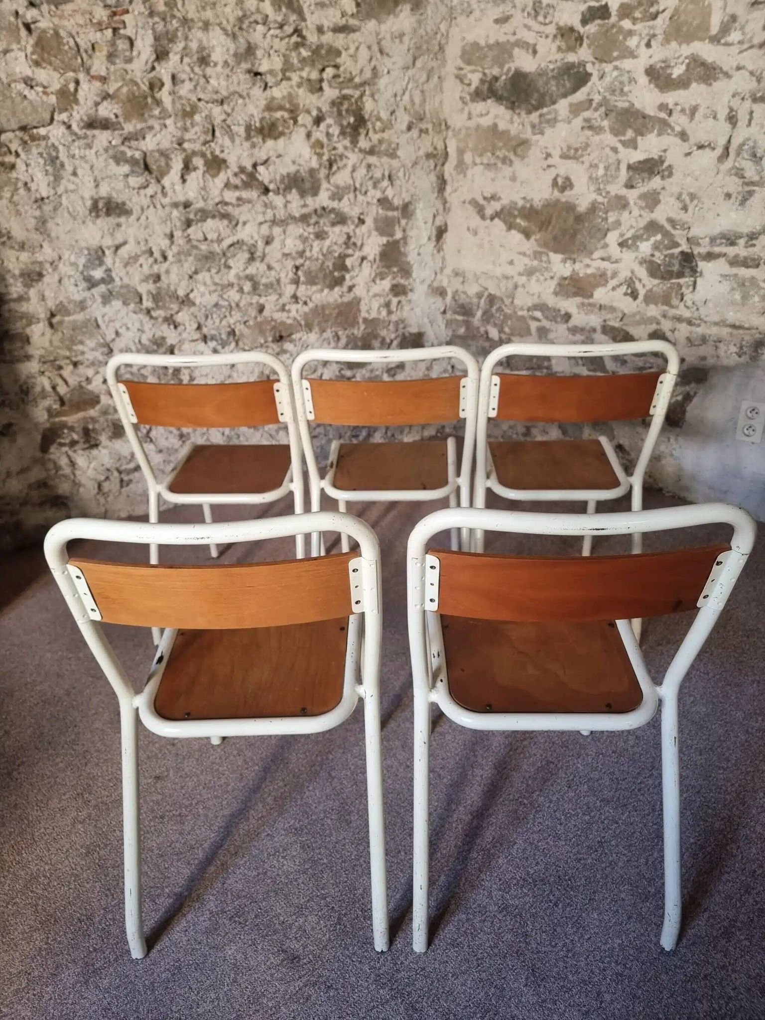 Vintage French school chairs – 1960s industrial cafe seats (set of 5)