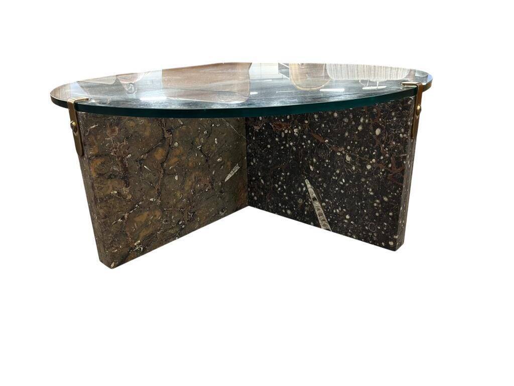 Vintage teardrop-shaped glass coffee table with stone base