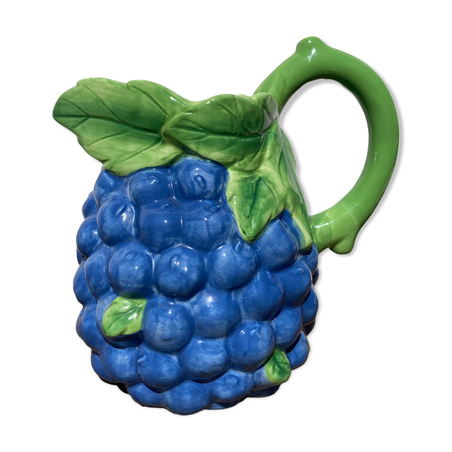 Pitcher in purple and green grape slurry / vintage ceramic decanter