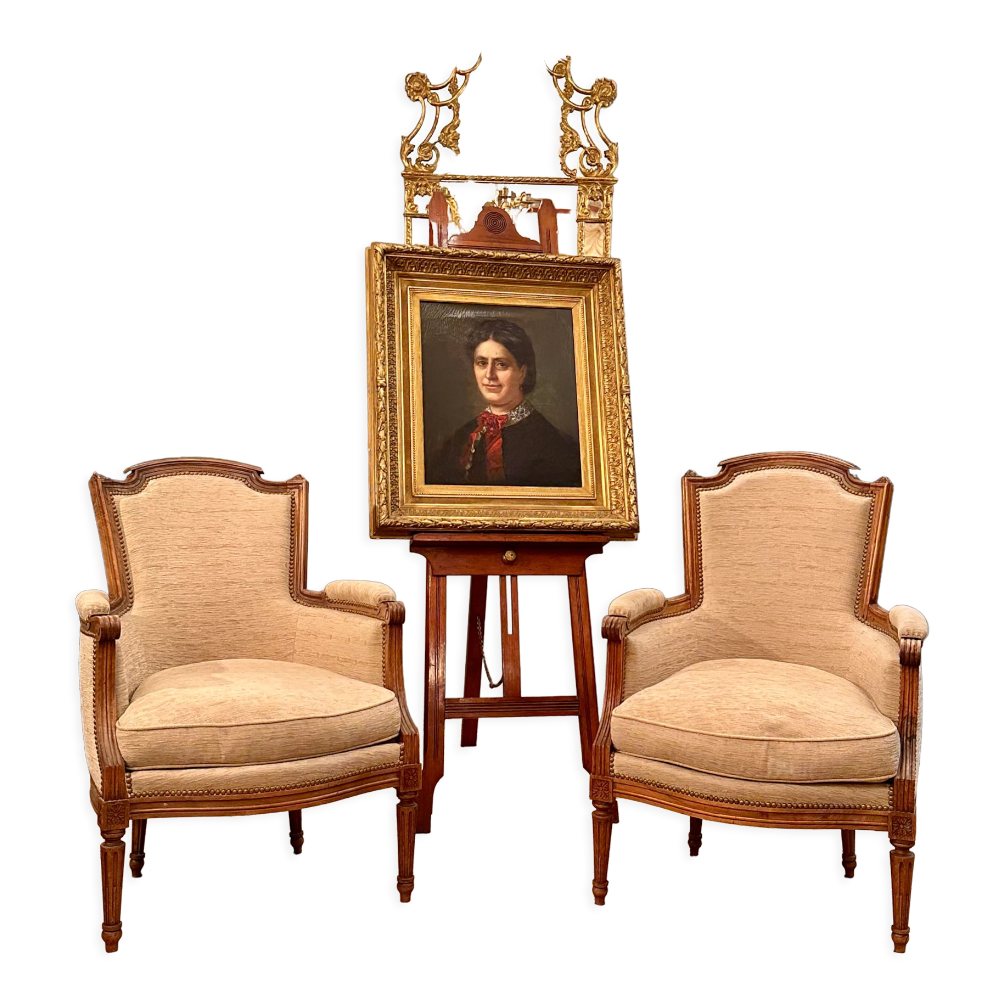 Pair of Louis XVI style walnut shepherdesses circa 1900