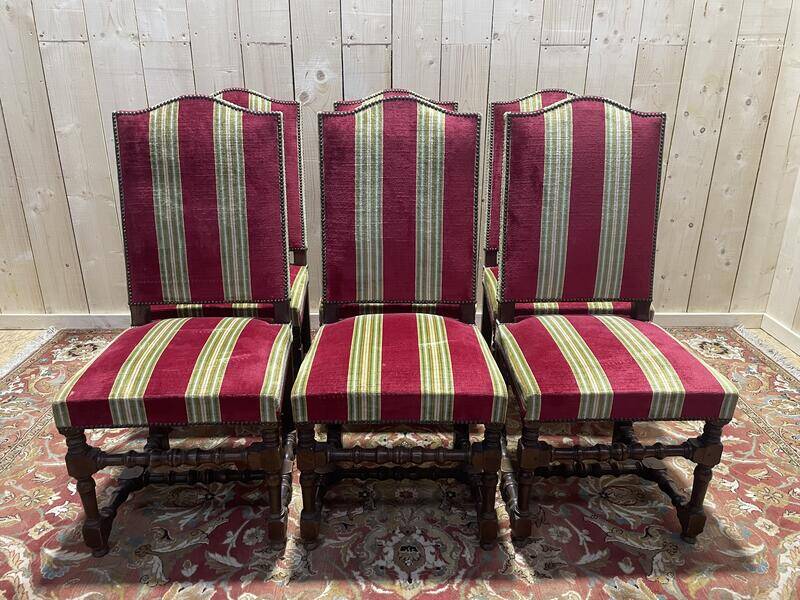 Suite de 6 chaises de style Louis XIII velours rayé