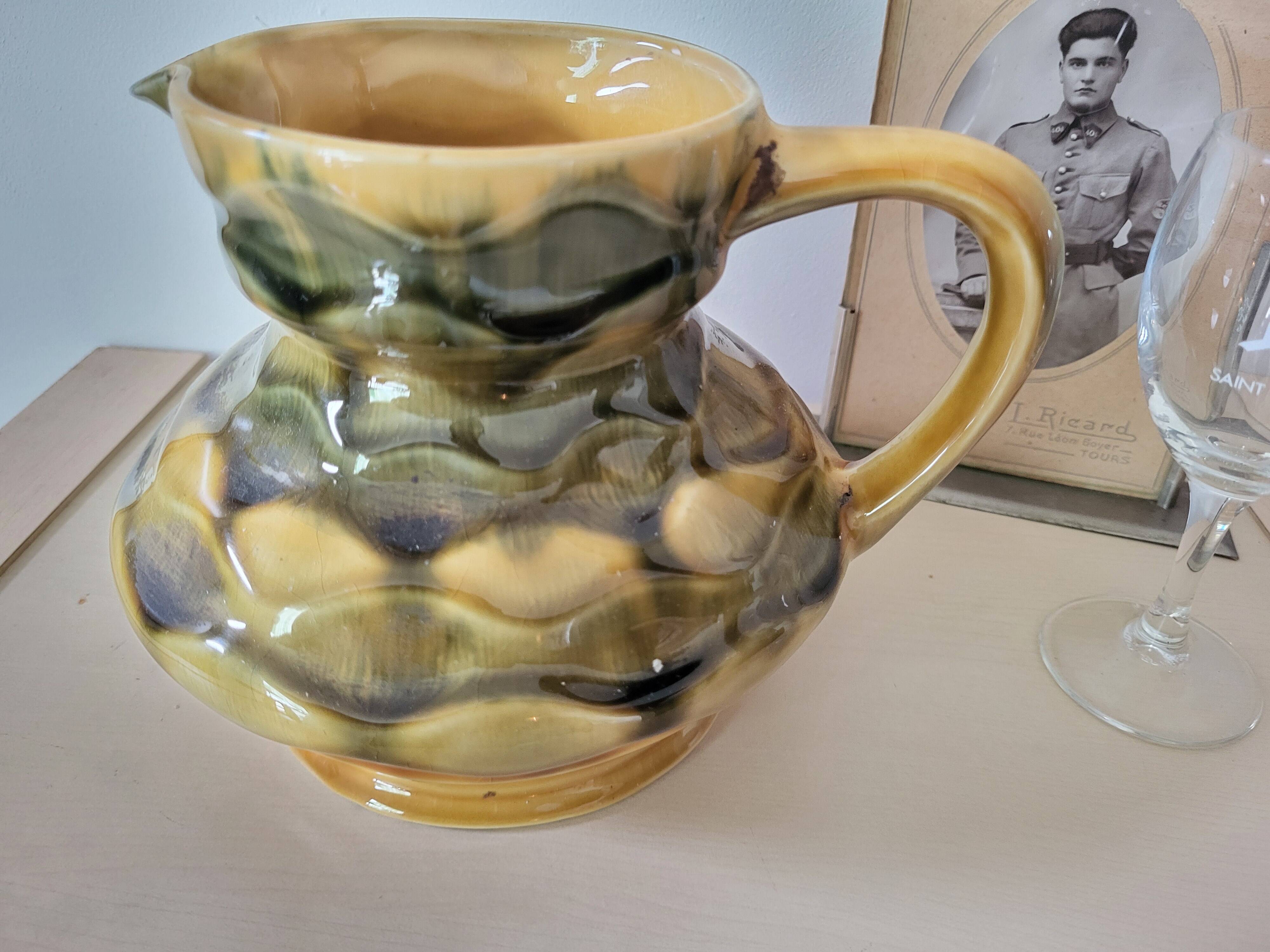 Amber faceted pitcher Sarreguemines pottery