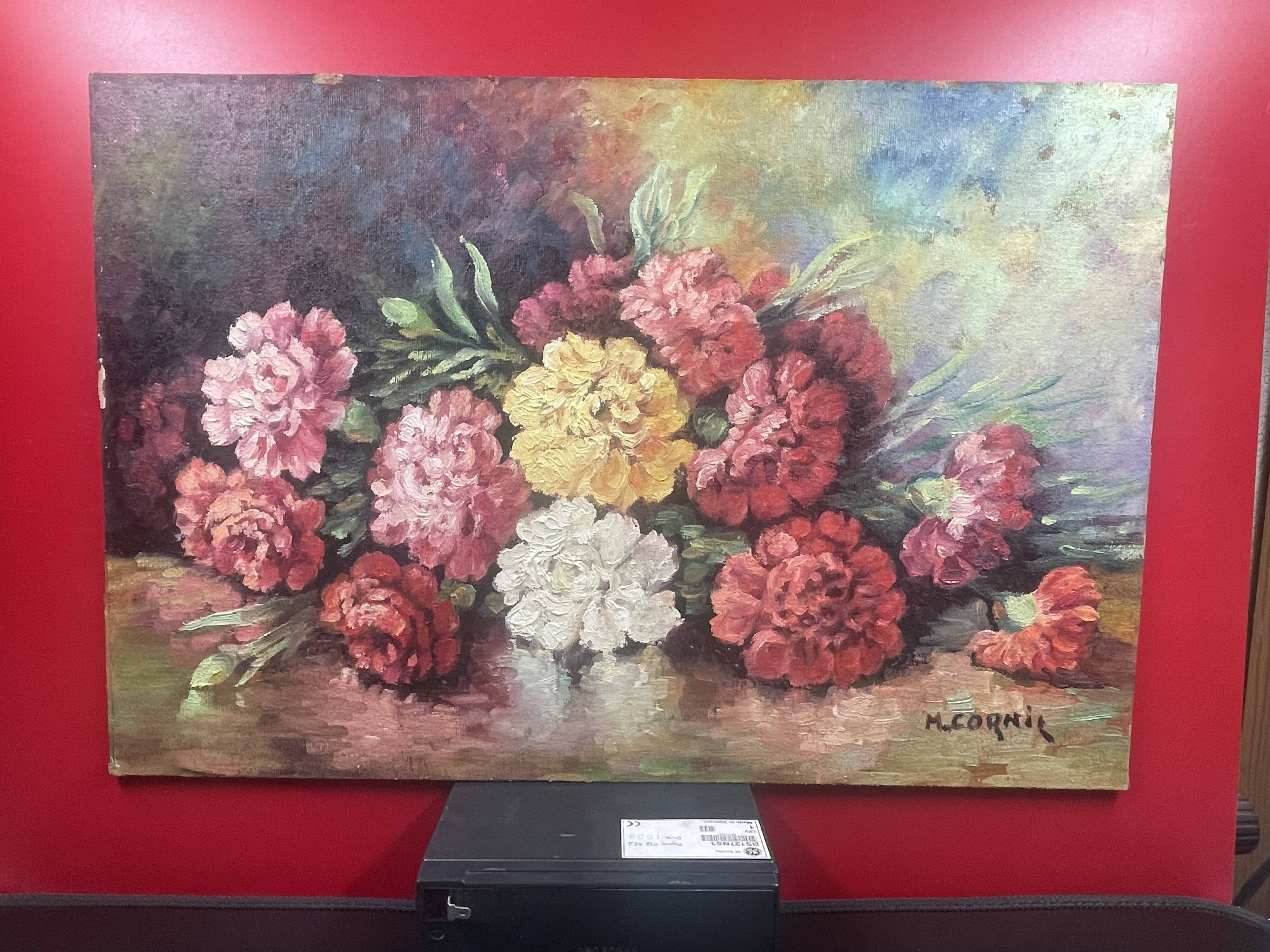 Bouquet of flowers on table oil on isorel panel signed M. Cornil