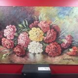 Bouquet fleurs sur table huile sur panneau isorel signe M. Cornil