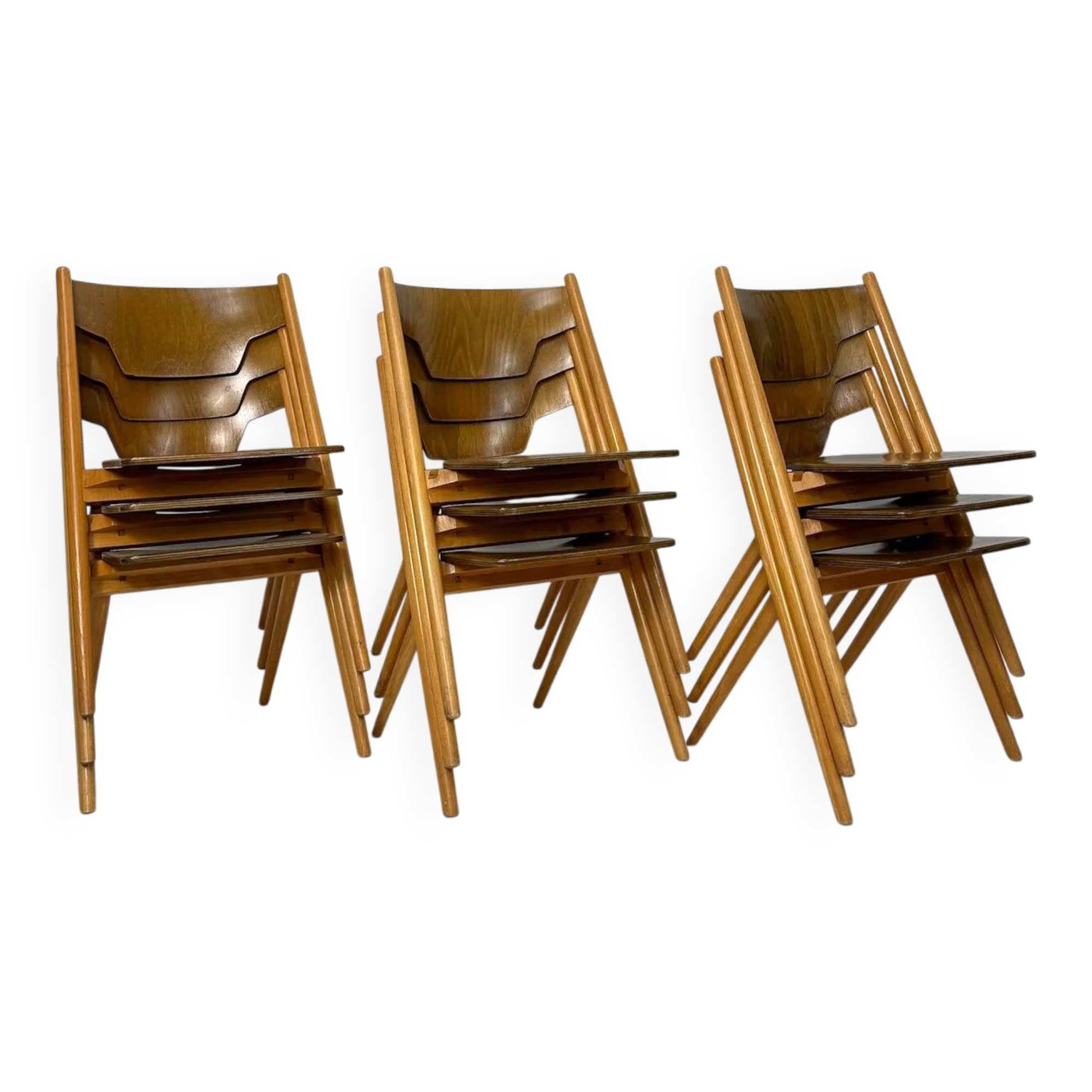 1/21 1950s vintage Hiller stackable plywood chairs from Germany in the style of Egon Eiermann