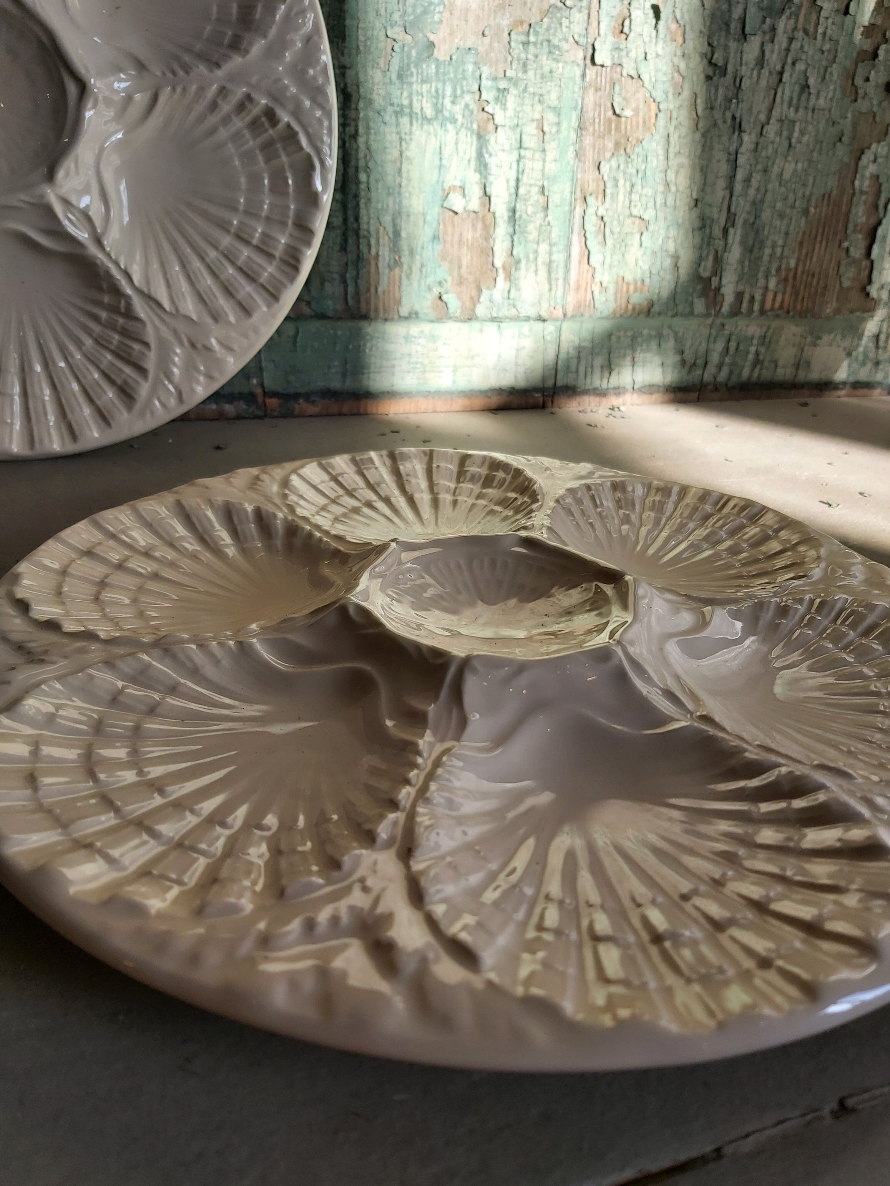 Vintage French white Majolica oyster plate