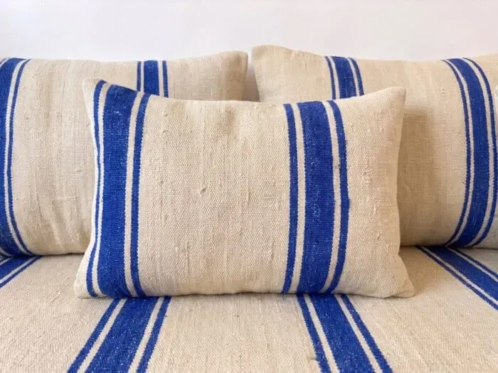 Royal blue striped floor cushion – Hanbel in handwoven ivory wool