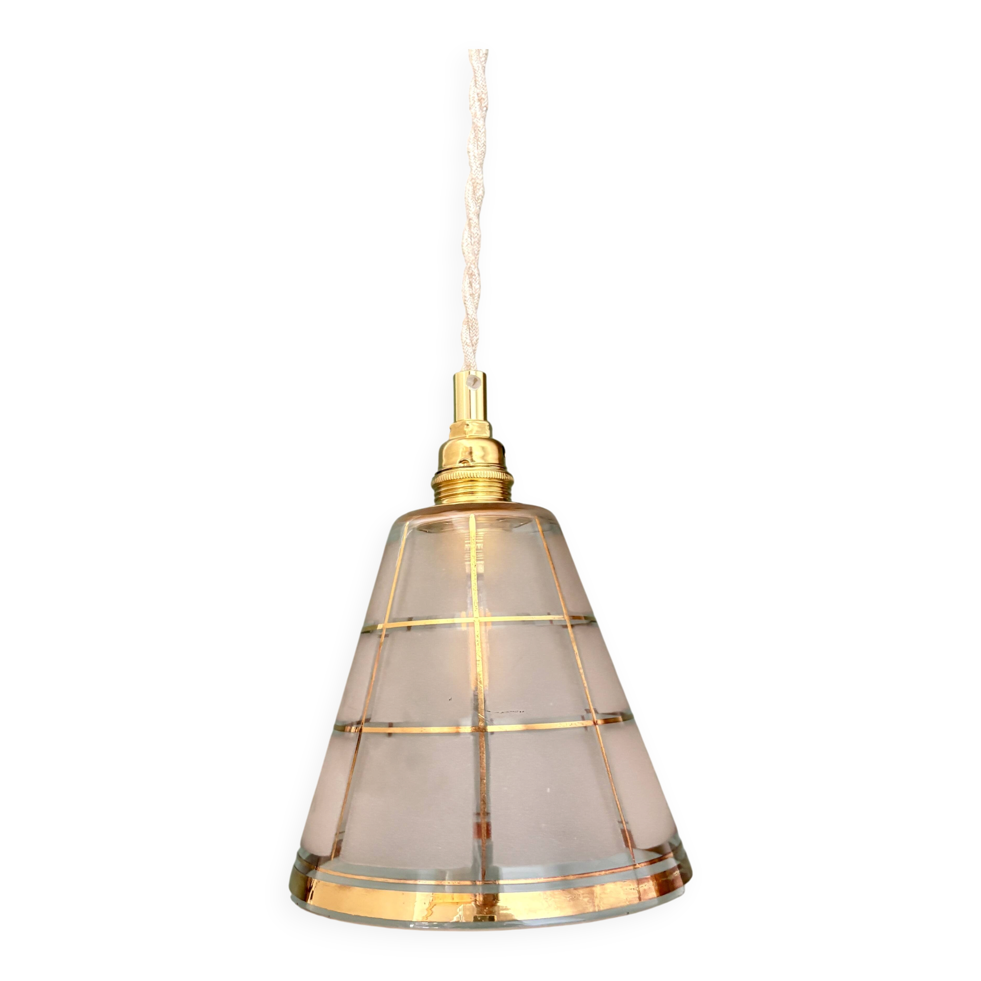 Suspension tulipe vintage en verre blanc et or