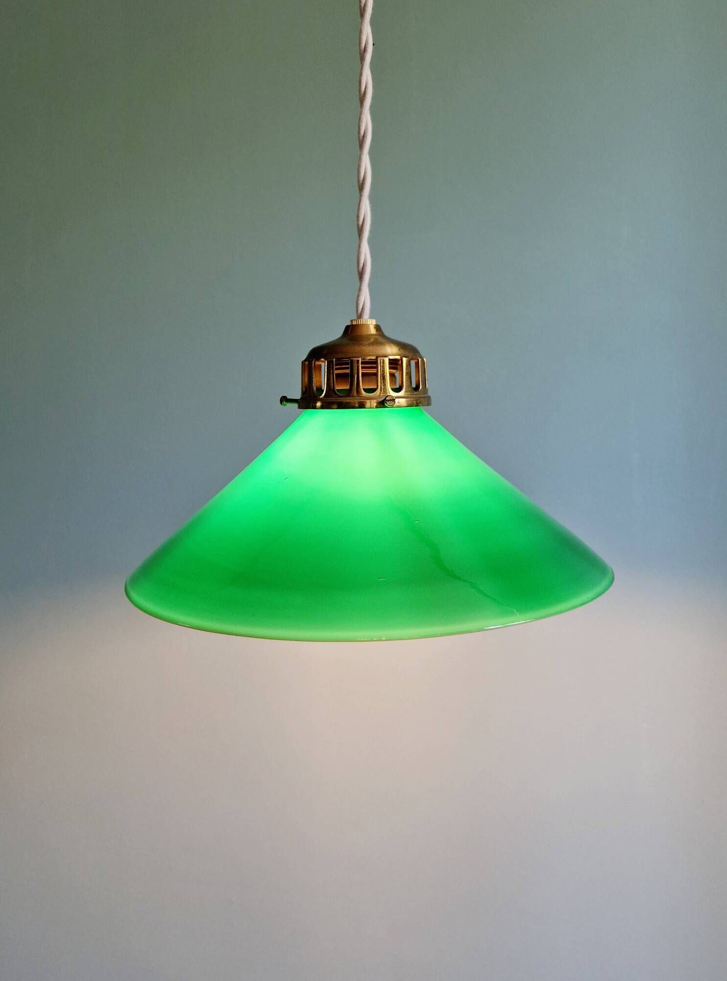 Art Deco pendant light in conical green opaline, 1920s-30s