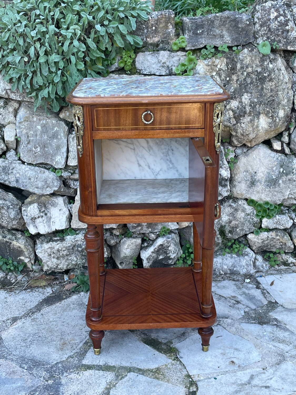 Bedside table in wood marquetry from the 19th century