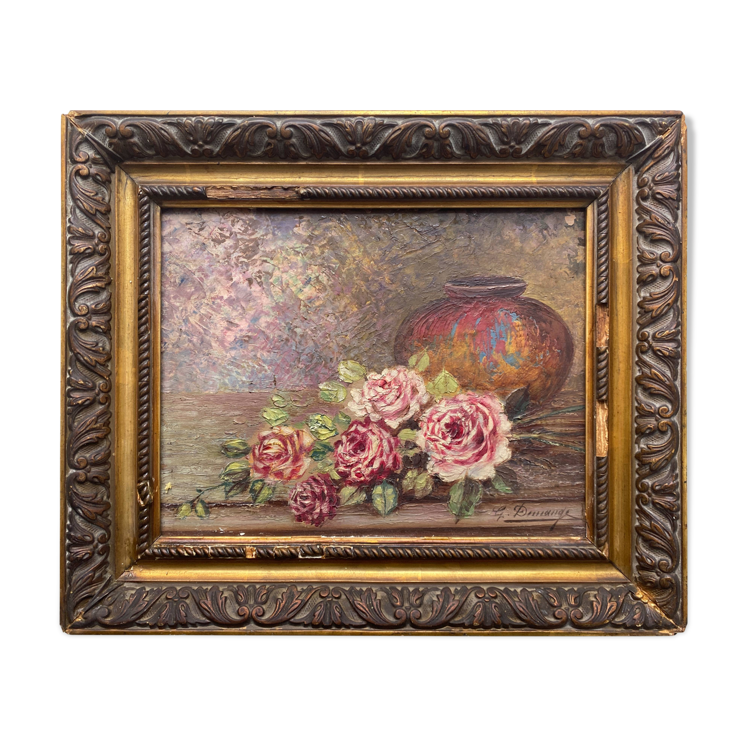 Painting "Bouquet of roses in the vase" signed G. Demange early XX° + frame