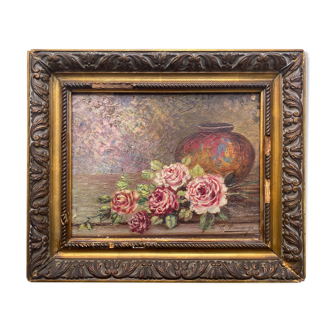 Tableau "Bouquet de roses au vase" signé G. Demange début XX° + cadre