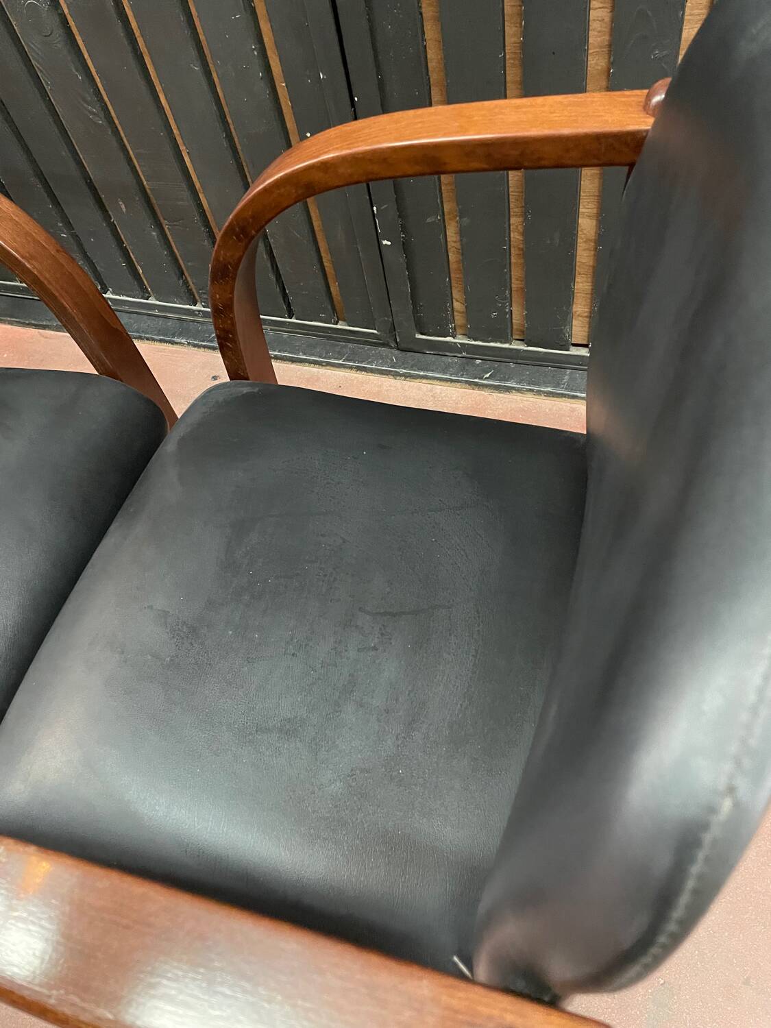 Pair of wooden and leatherette armchairs from the 80s